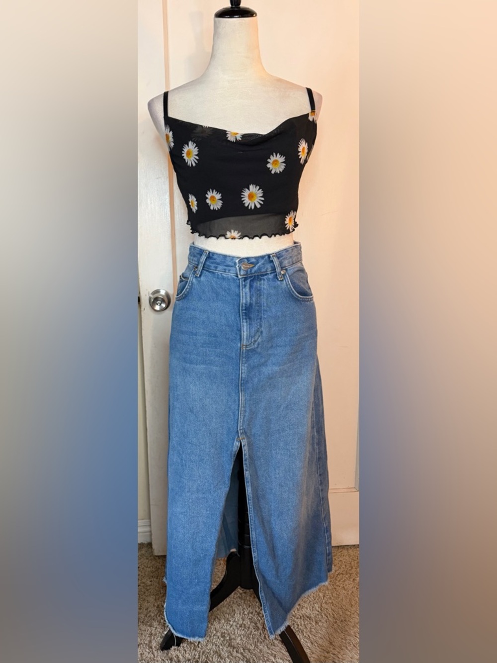 Pilcro Anthropologie High-Waist Light Blue Denim Maxi Skirt with Front Slit